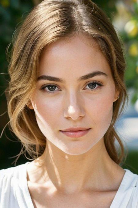 Create an ultra-realistic image of a beautiful, fictional actress. She should have a natural and elegant appearance, with distinct facial features that convey a sense of grace and poise. Her expression should be captivating, perhaps with a subtle smile or a thoughtful gaze, hinting at depth and character. The focus should be on achieving high levels of detail in her features, such as the texture of her skin, the shine in her hair, and the clarity in her eyes. The lighting should be soft and flattering, enhancing her natural beauty. The background should be simple yet classy, ensuring that the actress remains the central focus of the image. This portrait should evoke a sense of Hollywood glamour mixed with a relatable, down-to-earth charm