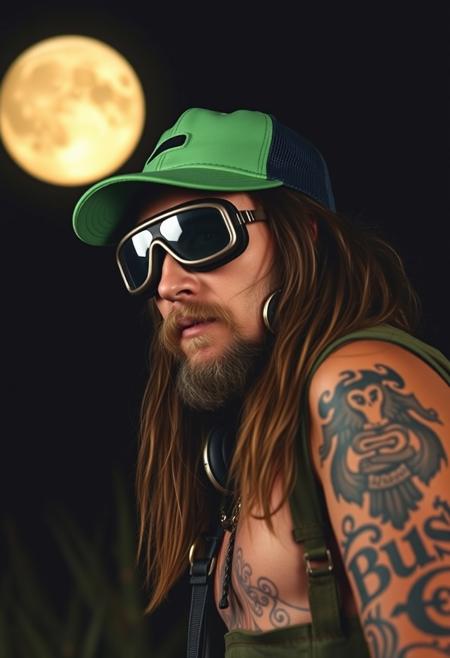 cardboard "Out of buzz right now—could really use your help to get back on track. Thanks!" by side a vagabond, intoxicated, drunk. Goggles john lennon style, long hairs, tattoo. green trucker cap. dark halley light only from the full moon in bkg