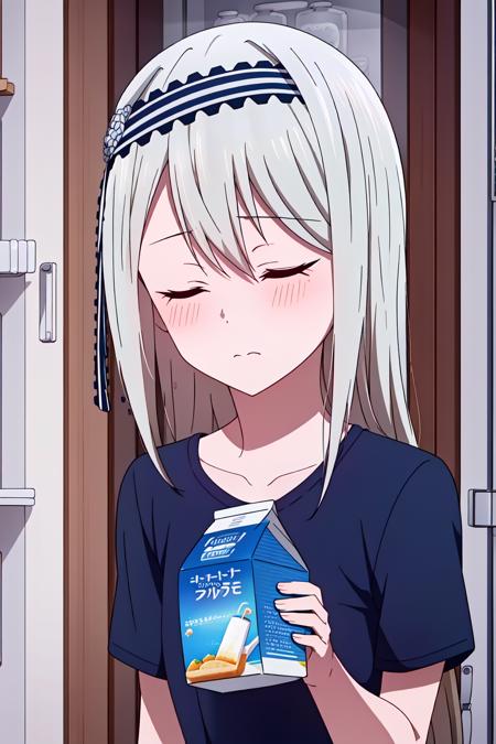 (exceptional, best aesthetic, new, newest, best quality, masterpiece, extremely detailed),<lora:Kei Shirogane:0.7>,Kei, 1girl, closed eyes, long hair, solo, hairband, grey hair, shirt, collarbone, refrigerator, holding, blush, black hairband, blue shirt, upper body, milk carton