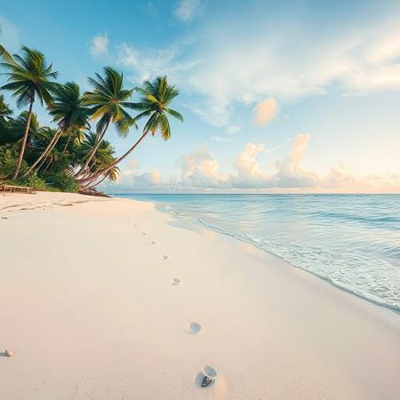perfect carribean beach, into infinity, distant clouds on the horizon, perfect, pine trees, palm trees, barbados, gentle waves, shimmering waves, footprints in the sand, white coral sand, early evening, small shells scattered, gentle breeze
