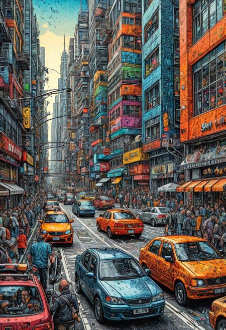 An epic, ink art, line art  painting of Busy Street in modern city ,the city exists in a parallel universe in which wheels didn't yet invented, (((sharp focus))), (hyperdetailed:1.3), (intricate details:1.2), (Refined details:1.3), (best quality:1.5), highly detailed textures, vibrant colours, (ultra sharp focus:1.3)