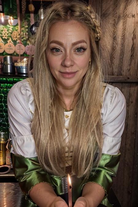 <lora:Cherry_Healey:1> masterpiece, best quality, detailed face, 1girl, solo, realistic, c1873h, long blonde_hair, leprechaun costume ,  izakaya , night