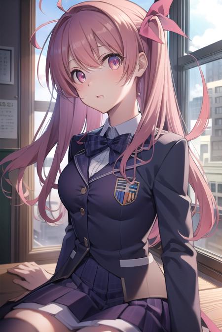 rimisakihata, <lora:rimisakihatatest:1>, 
rimi sakihata, long hair, one side up, pink hair, (pink eyes:1.5), hair ribbon, ahoge,
BREAK school uniform, serafuku, thighhighs, zettai ryouiki,
BREAK looking at viewer, 
BREAK indoors, classroom, 
BREAK <lora:GoodHands-vanilla:1>, (masterpiece:1.2), best quality, high resolution, unity 8k wallpaper, (illustration:0.8), (beautiful detailed eyes:1.6), extremely detailed face, perfect lighting, extremely detailed CG, (perfect hands, perfect anatomy),