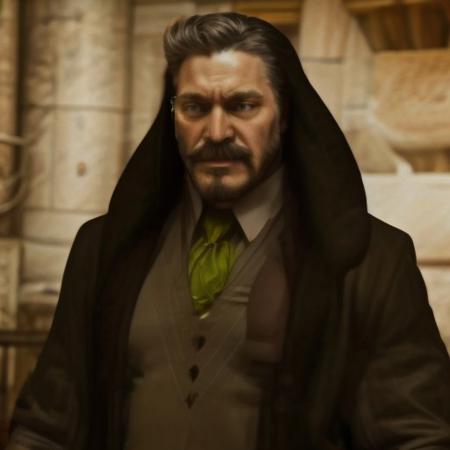 1man, middle-aged man, handsome, redefined, muscular body, wearing Black Hoodie, HD, High Quality, 4k Resolution, hannemanFE, gloves, long sleeves, necktie, coat, beard, mustache, monocle, muscular