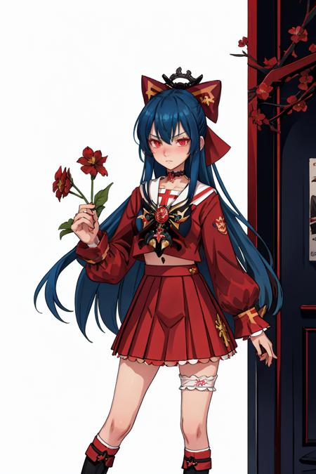 bianca, red eyes, long hair, blue hair, expressionless,  embarrassed, restaurant, flowers,
sailor collar, black footwear, kneehighs, pleated skirt, hair bow, <lora:TransferStudentBiancaERLora-04:0.8>