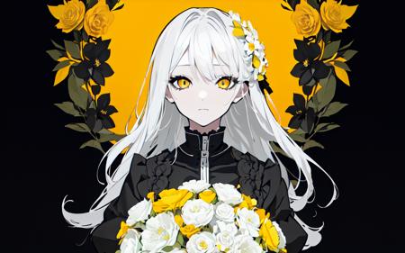 (best quality, masterpiece), (1girl, solo, black suit, standing , looking at viewer, white hair, yellow eyes, closed mouth, upper body), (Monochrome, giant black bouquet background, floral_background)