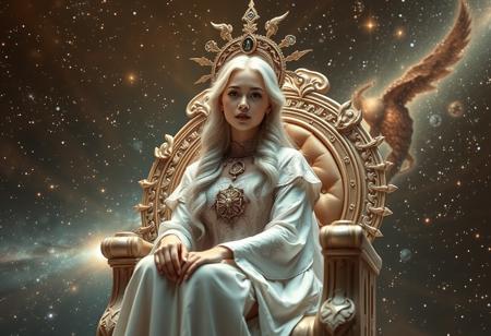 Stunning portrait of the beautiful Queen of the Cosmos, with Asian skin, sitting on an Ethereal Throne, ((Gorgeous albino girl) ), Use warm tones and soft lighting, galaxy background