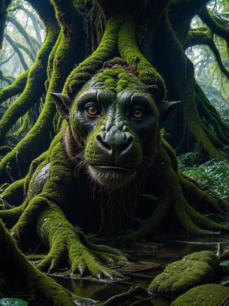 Raw photo, 8k uhd, dslr, soft lighting, high quality, film grain, Fujifilm XT3,dark, an elemental ent creature made entirely of foliage flora green vines moss and tree (roots:1.1) with a look of concern in a magical swamp ruins, elemental, ent, vines, roots, glowing eyes, close up, eldritch, old (man:0.5), intricate details, sharp, (skin texture:1.1)
<lora:xl_real_beta1:0.9>