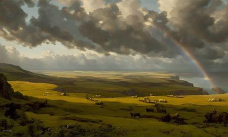 rollling hills and high Irish promontory looking out over the ocean, dramatic sky and rainbow, sheep grazing on the grassy hilly promontory, landscape painting by laxpeint:0.9