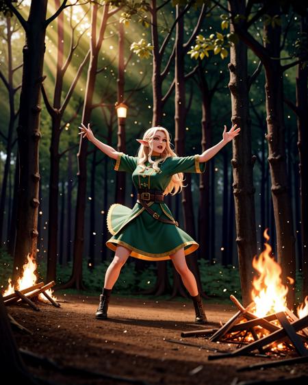 ((masterpiece), best quality, high quality, professional quality, highly detailed, highres, perfect lighting, natural lighting), group of elves, dancing, bonfire, in forest, surrounded by large trees