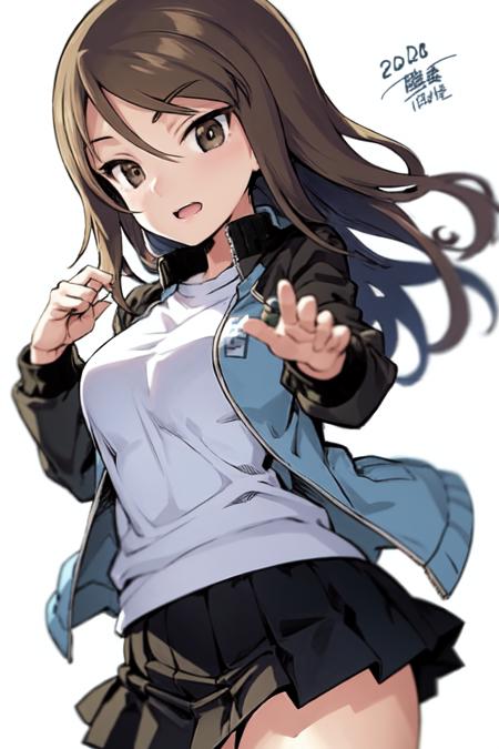 <lora:mika_Loha:0.7>,  mika (girls und panzer), 1girl, solo, keizoku military uniform, jacket, brown eyes, military, raglan sleeves, brown hair, military uniform, track jacket, long hair, blue jacket, no headwear, uniform, long sleeves, bangs, pleated skirt, skirt, blue skirt, dated, miniskirt, emblem,