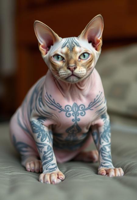 Bald cat, hairless cat, with tattoes, tattoes on body, complety bald, fat, covered with tattoes, thick body, funny look, thounge out, small legs, ugly and funny look