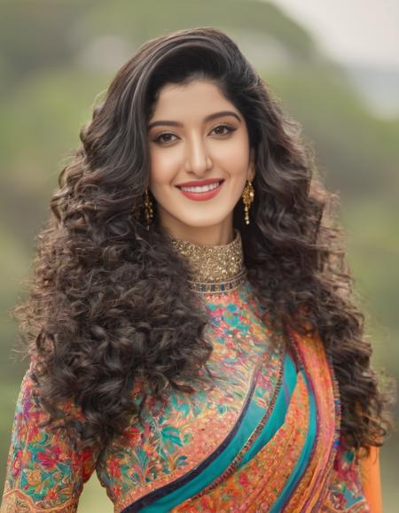 hires headshot photo of shanaya kapoor woman, curls, studio quality,  wearing high neck colorful indian dress, smiling, outdoors  <lora:Shanaya_KapoorSDXL_LoRA:1>