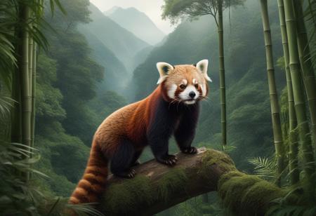 The image is a digital illustration of a mysterious and strange scene in a forest. The focal point of the image is close-up a red panda perched high in the trees in the middle of the frame. The undergrowth is made up of bamboo. The background is filled with tall trees and ferns, creating a canopy of dense greenery. in the distance Himalayan mountain range