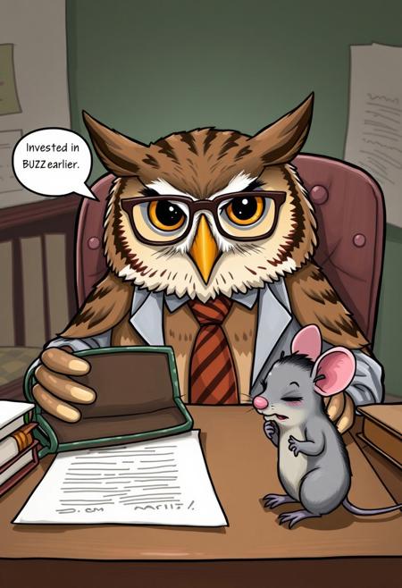 Owl Financial Advisor – A wise-looking owl wearing glasses and a tie sits behind a desk, looking at an empty wallet. He adjusts his glasses and sighs: "You should have invested in BUZZ earlier." A tiny mouse client sitting across from him bursts into tears.