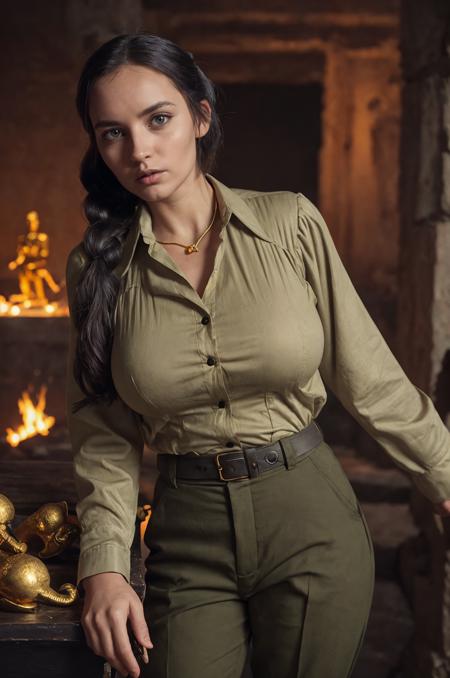 analog photo, close up portrait, looking at the viewer, aestetic pose, head tilt, perfectly detailed eyes, perfectly detailed face, analog photo, Lara Croft, (victorian era khaki cotton british colonial pants and khaki blouse:1.4), inside aztec temple, (golden idol treasure:1.4), close, small, claustrophobia, red and blue details, selective blur, depth of field, aztec temple interior, inside, room, (dark:1.5), cold, fear, dust, colorful (polaroid:0.9), vibrant colors, (very dark black interior, eerie lighting and atmosphere:1.4), (key light), (head tilt:1.4), sarcophagus, (gigantic tits:1.1), glyphs, vintage, (creepy, selective focus, eerie:1.2), (dinosaur:1.3), hazel eyes, detailed background, twintails, determined look, open mouth
