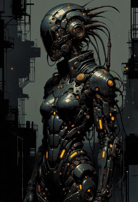 by H. R. Giger, Futuristic female cyborg in black armor with gold inserts of repeating long patterns with oblong elliptical figures inserted on top of the patterns, creating a ribbed surface.Black dystopian foggy background