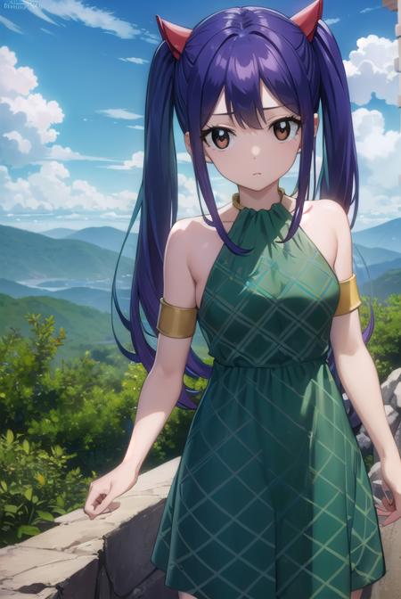 wendymarvell, <lora:wendy marvell-lora-nochekaiser:1>,
wendy marvell, long hair, (brown eyes:1.5), (blue hair:1.5), hair between eyes, twintails, red hair ornament,
BREAK dress, sandals, (green dress:1.5), bare shoulders, armband, tattoo,
BREAK outdoors, forest, nature, sky, sun, clouds,
BREAK looking at viewer, (cowboy shot:1.5),
BREAK <lyco:GoodHands-beta2:1>, (masterpiece:1.2), best quality, high resolution, unity 8k wallpaper, (illustration:0.8), (beautiful detailed eyes:1.6), extremely detailed face, perfect lighting, extremely detailed CG, (perfect hands, perfect anatomy),