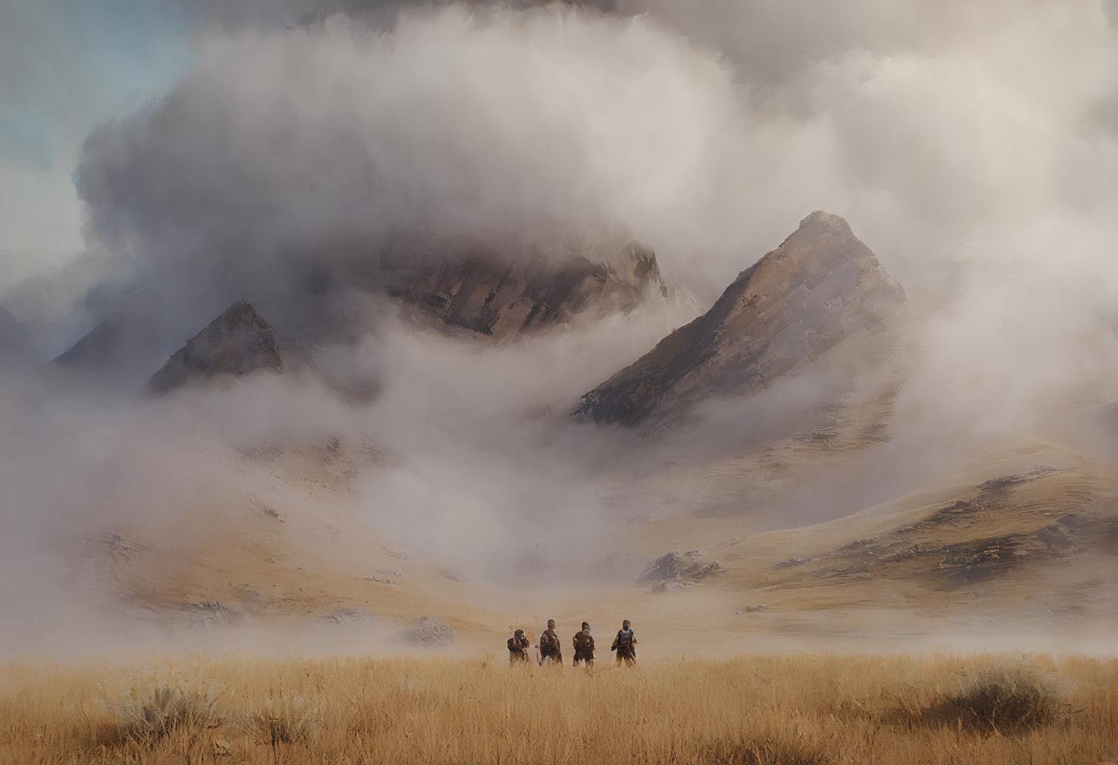 A group of four people riding horses in a foggy valley with mountains in the background.