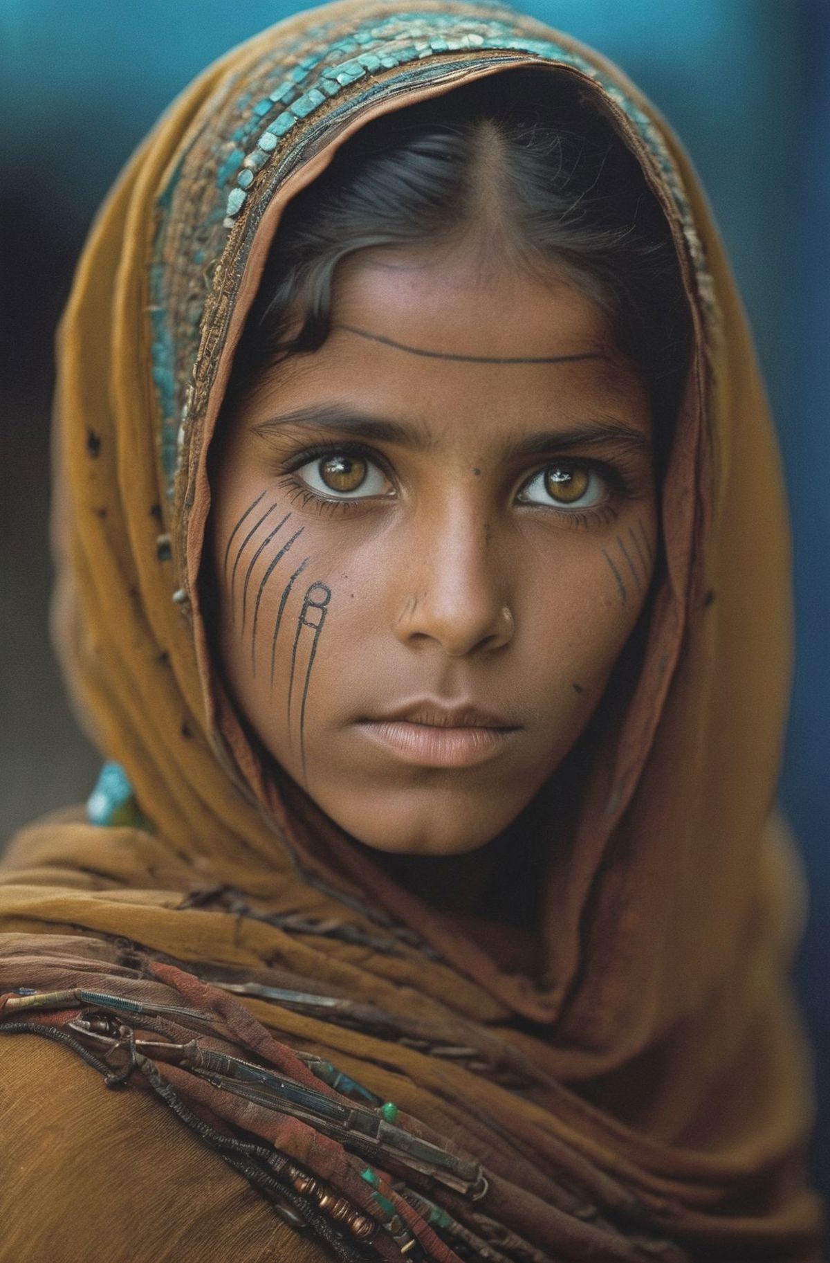 A young girl with a scar on her face and a head wrap.