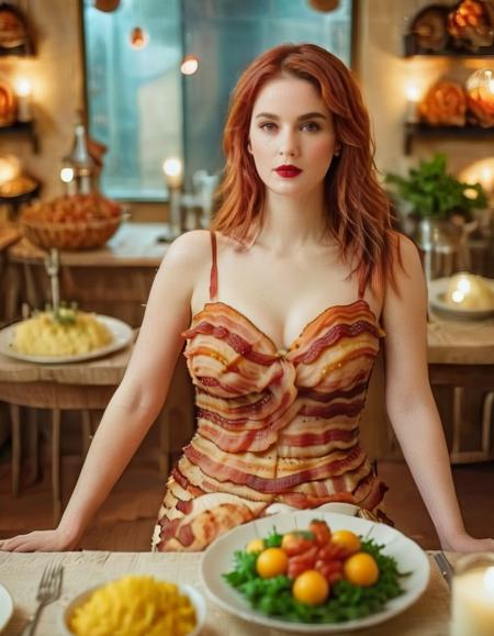 Food photography style 1girl, bacon, bare shoulders, blurry background, breasts, cup, depth of field, food, freckles, indoors, long hair, looking at viewer, orange hair, pasta, plate, pov across table, realistic, red lips, light bright colors, beautiful, elegant, epic, highly detailed, stunning, romantic, intricate, cinematic, artistic, sharp
 <lora:BaconXL-000009:1>, , <lora:FILM_PHOTOGRAPHY_STYLE:0.25> . Appetizing, professional, culinary, high-resolution, commercial, highly detailed