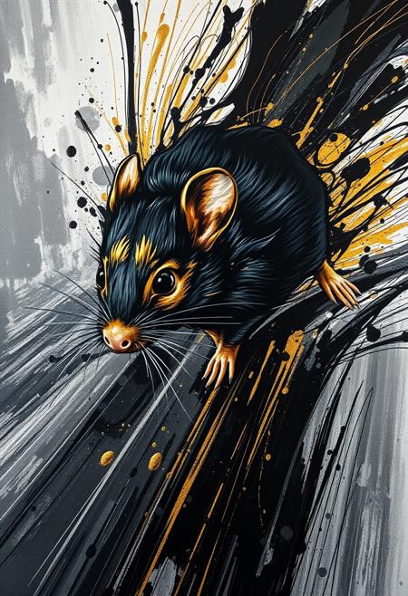A hyper-stylistic, extremely detailed image depicts a breathtaking painting, crafted from a combination of smeared black and gold metallic paint. A mouse is captured in a streaked motion, as if it is moving rapidly in one direction. The black paint is applied in bold, dynamic strokes, creating a sense of energy and movement that is contrasted beautifully by the golden accents. The gold paint is used to highlight the mouses features, adding a sense of depth and dimensionality to the image. The overall effect is one of breathtaking, surreal dynamism, as if the viewer has captured a fleeting moment in time. Every detail of the image is meticulously crafted, from the delicate, swirling patterns of the gold paint to the intricate, textured patterns of the black paint. The contrasts between light and dark, color and texture, create a sense of tension and energy that draws the viewer in, inviting them to explore the kinetic world of the painting. highest-Quality, intricate details, visually stunning, Masterpiece