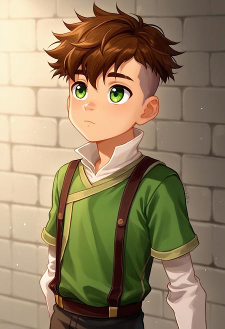 Kai, Brown Hair, Undercut, Green Eyes Air Nomad Outfit Green Tunic, Suspenders, Black Pants Airbender Wingsuit Green Tunic, Green Short Sleeve Jacket Prison Tunic, sleeveless 