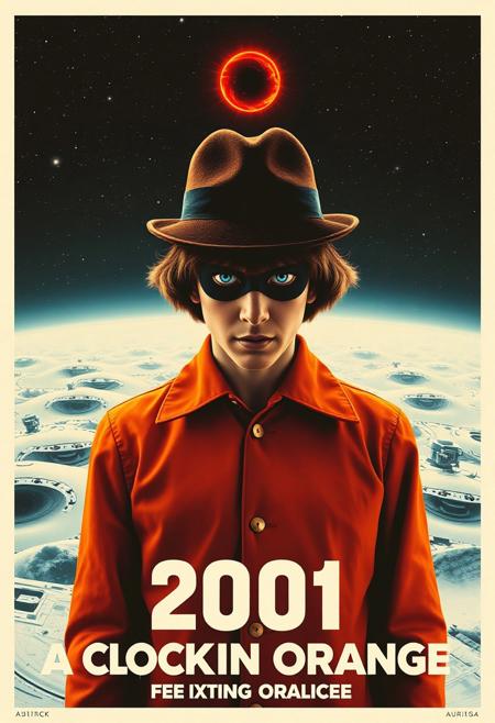 “Design a movie poster that merges the dystopian, rebellious aesthetic of A Clockwork Orange with the futuristic, cosmic grandeur of 2001: A Space Odyssey. The poster should feature bold, contrasting imagery: Alex, the main character of A Clockwork Orange, wearing his signature bowler hat and eye makeup, standing against a backdrop of a cold, infinite space, with the HAL 9000 red eye glowing ominously in the distance. Incorporate elements of futuristic technology and Kubrick’s geometric, minimalist style from 2001, with an unsettling, surreal atmosphere that matches the themes of psychological control from A Clockwork Orange. Use a mix of warm oranges and deep blacks from Clockwork Orange and the clean whites and blues from 2001. Title placement should be bold and cinematic, fusing the typography styles of both films.”