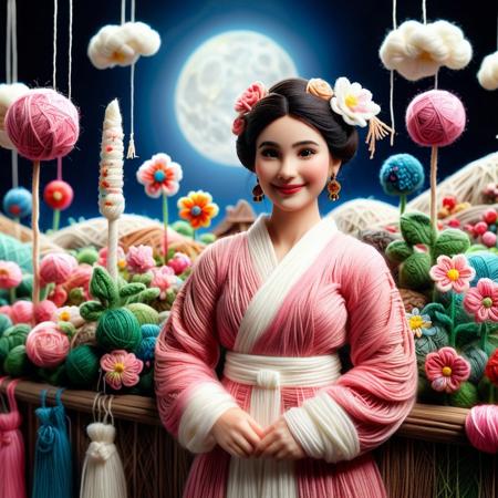 Yarnworld, score_10 , score_9, score_8_up, score_8, Masterpiece, High Details, HD, 8K, Photorealistic, perfect, High Quality, a woman, asian, black hair, brown eyes, chinese clothes made of Yarn, yarn texture, clothes made of Yarn, medium body shot, smiling, dress made of Yarn, earrings, FrootLoops patterns, highly detailed, photorealistic, fence, print, flower, hair bun, hair ornament, hair stick, hand up, jewelry, leaf, light skin, light smile, lipstick, long hair, long sleeves, looking at viewer, makeup, moon, night, outdoors, parted bangs, plant, railing, red lips, single hair bun, sky, sleeves past wrists, slim, solo, standing, updo, upper body, pink and white hanfu, white flower, wide sleeves,