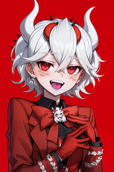 <lora:beelzebub:1>  beelzebub(helltaker), red bowtie, freckles, 1girl, suit, red eyes, jacket, open mouth, demon horns, white hair, red bow, shirt, formal, bow, upper body, waistcoat, smile, earrings, demon girl, red gloves, black shirt, bowtie, teeth, gloves, jewelry, simple background, red jacket, horns, white horns, solo, hair between eyes, short hair, red shirt, red background