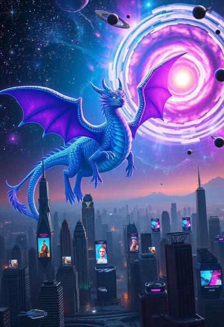 A photograph where myth and technology intertwine in a celestial dance. At the center, a lifelike dragon emerges from the digital ether with neon scales of electric blues and vibrant purples. Its eyes glow with otherworldly light. The cosmos displays cosmic beauty with twinkling stars, swirling nebulae in radiant colors, and planetary rings illuminated by a supernova. Below, a futuristic city with skyscrapers, holographic billboards, and flying vehicles. The architecture blends ancient motifs with cutting-edge design, symbolizing the fusion of past and future.
