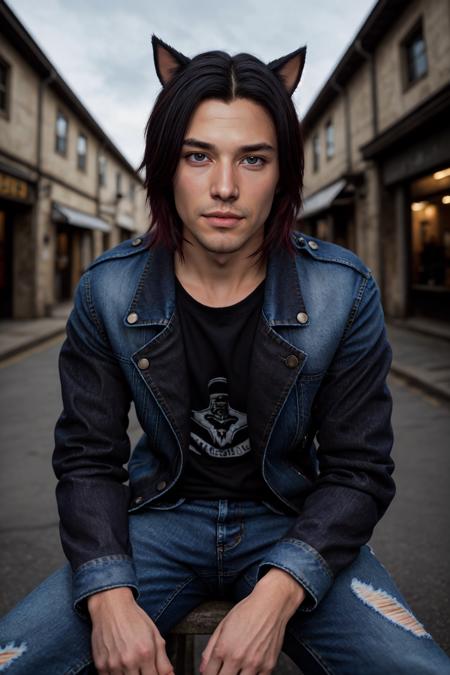 Chris_Xvoor,  1boy,  male focus,  solo,  looking at viewer, ,  blue eyes,  black hair,  animal ears,  sitting,  jacket,  red hair,  outdoors,  day,  pants,  cat ears,  blurry,  black jacket,  torn clothes,  blurry background,  denim,  jeans,  leather,  torn pants,  leather jacket,  torn jeans,  denim jacket,  upper body,  specular highlights,  detailed face,  detailed eyes,  detailed hair,  textured hair,  rim lighting,  extreme light and shadow,  masterpiece,  official art,  portrait, <lora:EMS-47371-EMS:0.400000>