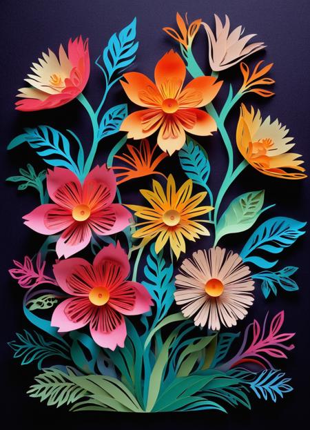 kirigami representation of, flowers, extremely detailed, colorful