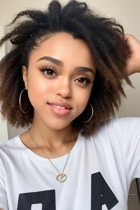 Close-up beauty shot of Macaiyla Twitch, (t-shirt:1.2),. Up-close skin perfection, detailed hair, high-resolution beauty, photo-realistic charm, exquisite facial features