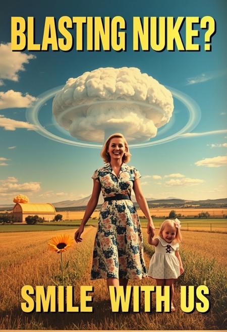 “A striking vintage-style poster capturing a surreal 1957 American country scene. Central to the composition, a woman in a floral-patterned 1950s dress stands holding her young daughter’s hand, her wide, mad smile radiating an unsettling charm. In the far distance, a towering nuclear mushroom cloud rises against a vivid blue sky, with fiery orange fireballs at its base and concentric blast waves rippling through the landscape. The design features bold typography: ‘BLASTING NUKE?’ in large, striking letters across the upper section, while the lower section invites viewers with the phrase ‘SMILE WITH US’ in a classic mid-century font. The Panavision-style composition lends cinematic depth, making this a visually captivating piece.”