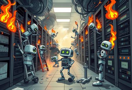 A whimsically chaotic data center with flames and sparks flying comically from overheated servers. Endearingly clueless robots dressed clamber up server racks with comically oversized tools, and roll around on squeaky wheels carrying tangled cables and mismatched parts. The bumbling robots only create more chaos as they clamber up server racks with comically oversized tools in their attempts to fix things. Robots on ladders juggle spanners and drop screws, causing a frantic buzz. A larger, frazzled, and depressed robot looks on with an comically exasperated expression as they watch their tiny co-workers only make things worse.