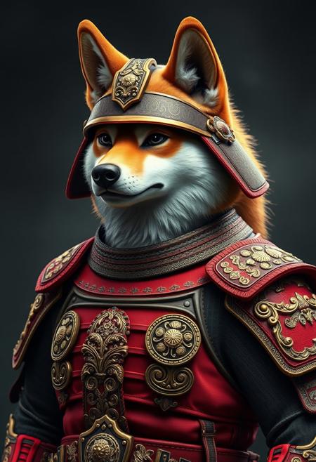 samurai shiba inu, body wearing red armor, intricate ornate weaved gold filiegree, fine detail, extremely detailed, unreal engine