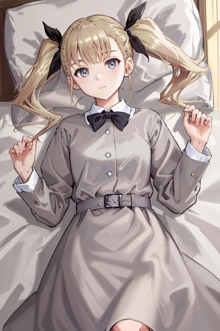 masterpiece, best quality, highres, 1girl twintails hair ribbon, grey dress <lora:kikoru_shinomiya:1> lying on back, bed sheet