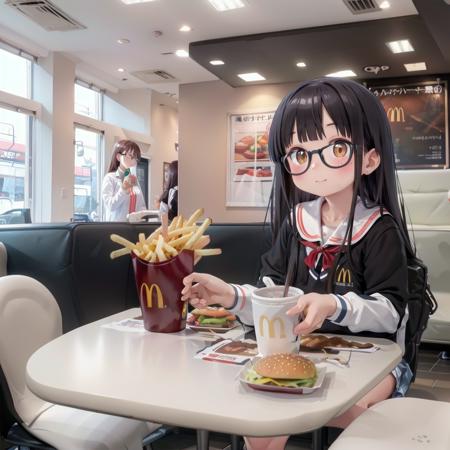 best quality, ultra-detailed, illustration,
makudo, indoors, scenery, poster (object), chair, ceiling light, window, ceiling, table, blinds, 
food, food focus, cup, burger, french fries, disposable cup, still life, cheese, drinking straw, bread, drink, tray, table, chair, 
1girl, glasses, black hair, long hair, brown eyes, school uniform, school bag, blush, looking at viewer, sitting,
<lora:McDonald_JP_indoors_SD15_V2:1>