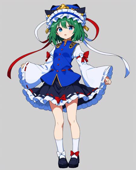 shiki eiki,1girl, solo, rod_of_remorse, frilled_hat, black_skirt, blue_vest, wide_sleeves, juliet_sleeves, looking_at_viewer, red_bow, red_ribbon, white_shirt, blue_headwear, white_socks, one-hour_drawing_challenge, shoes, frilled_skirt, frilled_sleeves, open_mouth, black_footwear, white_ribbon, small_breasts, buttons, feet_out_of_frame, ribbon-trimmed_skirt, holding, epaulettes
<lora:shiki_eiki_image6175_2023-12-14-000007:1>,star-shaped_pupils,symbol-shaped_pupils,. gorgeous,key visual, vibrant, studio anime,award-winning, professional, highly detailed,high budget, cinemascope