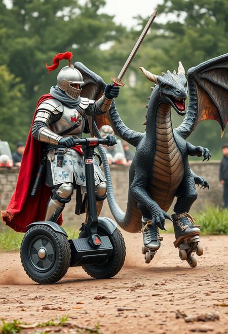 A medieval knight jousting on a Segway, going up against a dragon on roller skates, both wearing helmets for safety, realistic, highly detailed