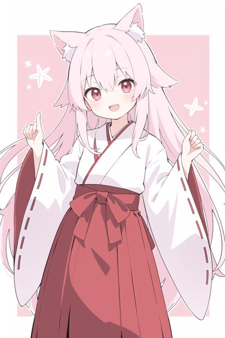 shiina yuika,1girl,virtual youtuber,animal ears,japanese clothes,solo,long hair,animal ear fluff,skirt,miko,hakama,ribbon-trimmed sleeves,ribbon trim,very long hair,bangs,smile,hakama skirt,kimono,wide sleeves,long sleeves,pink background,white kimono,sleeves past wrists,open mouth,arm up,red hakama,hair between eyes,:d,cat ears,blush,white hair,red eyes,two-tone background,pink eyes,pink hair,looking up,