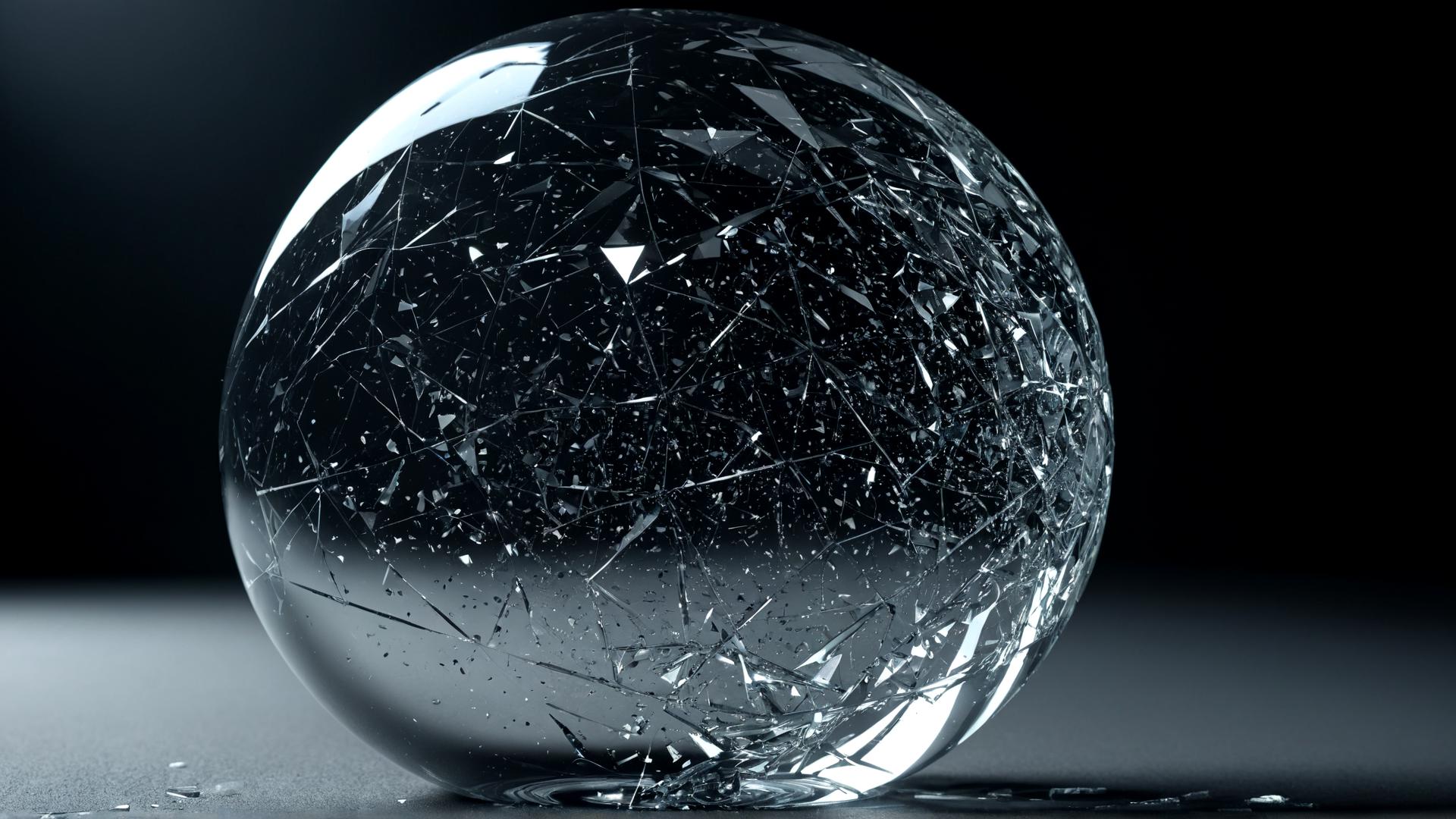 A shattered glass sphere, with shards floating in mid-air. The shards reflect soft light from unseen sources, casting tiny beams of light across the scene. The background is a deep black void, with soft shadows adding depth., Photorealistic, Hyperrealistic, Hyperdetailed, analog style, soft lighting, subsurface scattering, realistic, heavy shadow, masterpiece, best quality, ultra realistic, 8k, golden ratio, Intricate, High Detail, film photography, soft focus