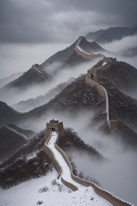 Great Wall of China winding through snowy mountains, dramatic blizzard, heavy clouds above, lone warrior walking the wall, cinematic lighting, dramatic composition, epic tone, 4K realism