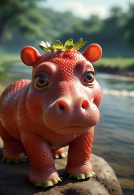 8k, photorealistic, dof, colourful, soft light, high-resolution picture,
A cute red hippo made of strawberry, 
big eyes, detailed eyes, 
savanna background, river