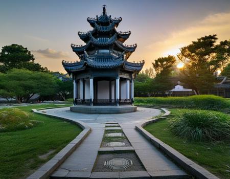 jiangnan, a pagoda in a park with a sunset in the background and a pond in the foreground with a rock and grass path, scenery, sky, cloud, outdoors, architecture, east asian architecture, tree, nature, <lora:jiangnan:1>