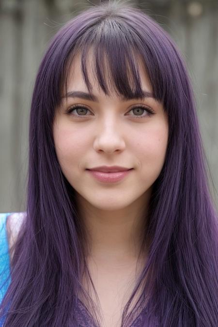 1girl, solo, long hair, simple background, long sleeves, blue hair, boobs, smiling, small boobs, erect nipples, detaield nipples, detailed face, lips, purple background, realistic, nsfw,