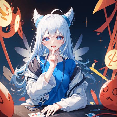 (masterpiece, best quality),smile,open mouth,bed,,long hair,close-up ,wide sleeves,long sleeves,  ,upper body,looking at viewer,,(1girl),miyouji ,white hair,blue eyes,white coat,white jacket,cone hair bun,blue shirt,id card necklace,id card, ahoge, finger to mouth, <lora:miyouji-05:1>