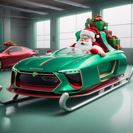 santasride is an emerald green futuristic sportscar with skids, santa is driving