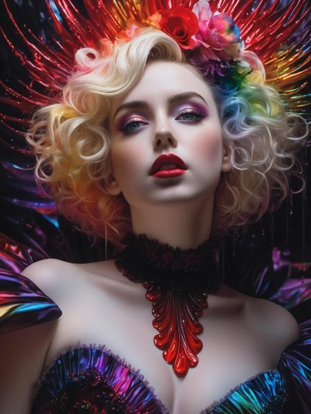 goth,exaggerated perspective,(shot from below:1.4),a Blood Machines,surrealism psychedelic closeup portrait of (julia garner:0.3) as cume blood drips top and rainbow tutu skirt from the sandman,by alex ross,josh kirby,detailed,elegant,intricate with big detailed fractals in her hair dar,by dan mumford,artgerm flowers,dreamy ethereal lighting,